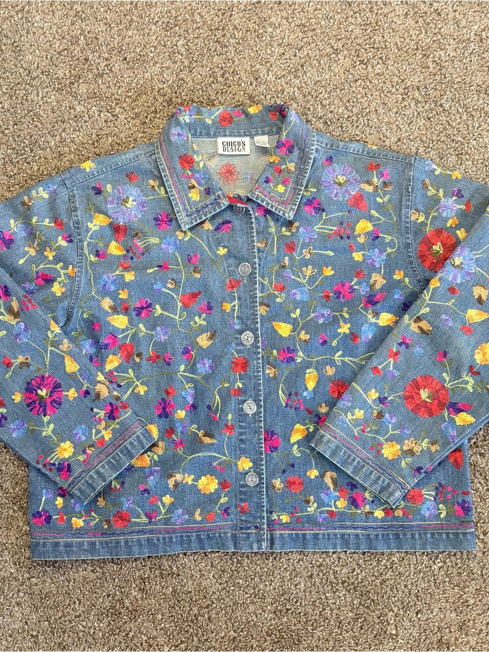 Vintage Chico's Design Denim Silk Jacket with Multicolor Floral Embroidery